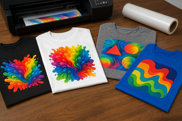 Bright, colorful DTF prints on multiple t-shirts showing vibrant and accurate colors