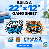 Build a 22x12 DTF gang sheet online with space for up to two 10x10 custom DTF transfer designs.