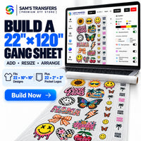 Build a 22x120 DTF gang sheet online with space for up to twenty-two 10x10 designs plus twenty-two 2x3 pocket logos.