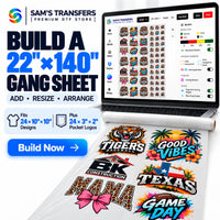 Build a 22x140 DTF gang sheet online with space for up to twenty-four 10x10 designs plus twenty-four 3x2 pocket logos.