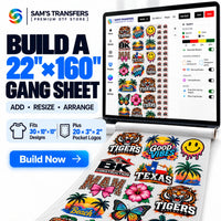 Build a 22x160 DTF gang sheet online with space for up to thirty 10x10 designs plus twenty 3x2 pocket logos.