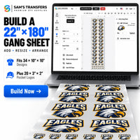 Build a 22x180 DTF gang sheet online with space for up to thirty-four 10x10 school logo designs plus twenty 3x2 pocket logos.