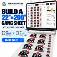 Build a 22x200 DTF gang sheet online with space for up to thirty-eight 10x10 business logo designs plus twenty 2x2 pocket logos.