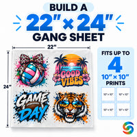 Build a 22x24 DTF gang sheet online with space for up to four 10x10 custom DTF transfer designs.