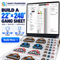 Build a 22x240 DTF gang sheet online with space for up to forty-four 10x10 designs plus forty-four 3x3 pocket logos using multiple business logo designs.