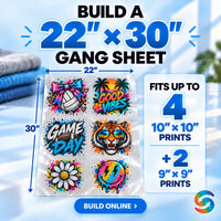 Build a 22x30 DTF gang sheet online with space for up to four 10x10 and two 9x9 custom DTF transfer designs.