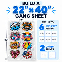 Build a 22x40 DTF gang sheet online with space for up to six 10x10 and two 9x9 custom DTF transfer designs.