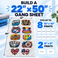Build a 22x50 DTF gang sheet online with space for up to eight 10x10 and two 9x9 custom DTF transfer designs.