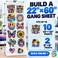 Build a 22x60 DTF gang sheet online with space for up to ten 10x10 and two 8x8 custom DTF transfer designs.