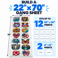 Build a 22x70 DTF gang sheet online with space for up to twelve 10x10 and two 8x8 custom DTF transfer designs.