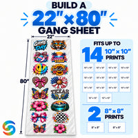 Build a 22x80 DTF gang sheet online with space for up to fourteen 10x10 and two 8x8 custom DTF transfer designs.