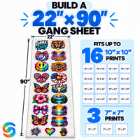 Build a 22x90 DTF gang sheet online with space for up to sixteen 10x10 and three 7x7 custom DTF transfer designs.