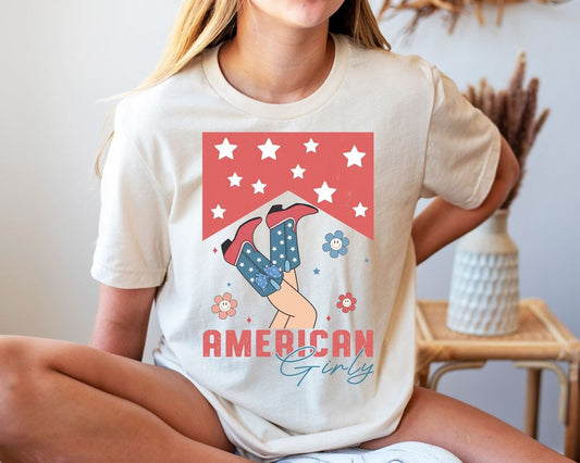 "American Girly" DTF Transfer featuring cowboy boots with stars and bows under a patriotic banner for 4th of July shirts.