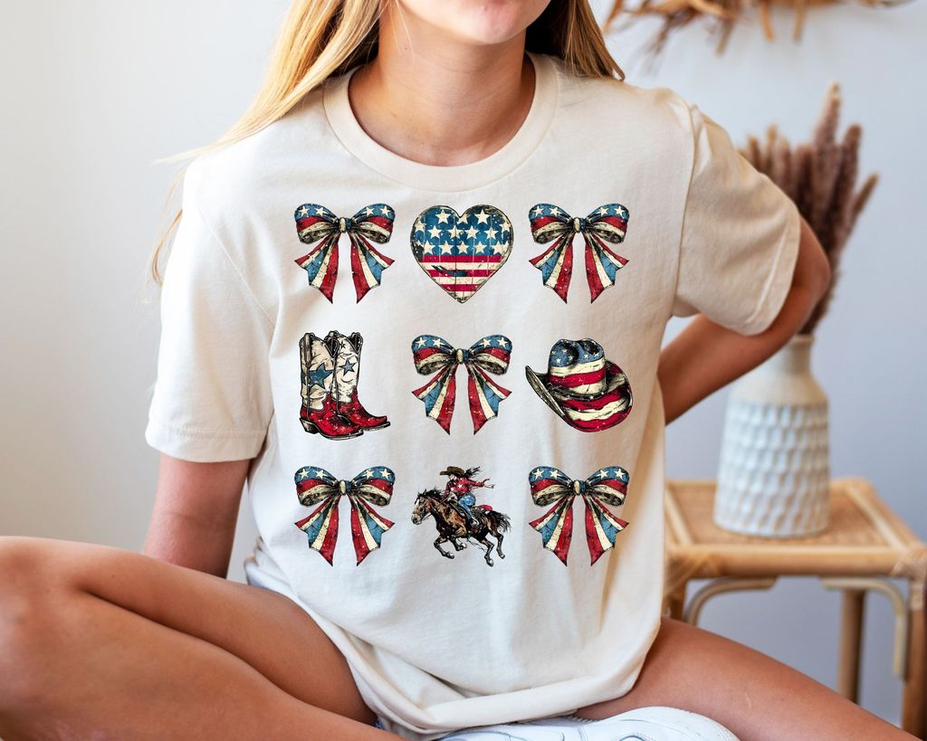 "Patriotic Collage" DTF Transfer with bows, cowboy boots, heart, hat, and horse design in red, white, and blue for 4th of July apparel.