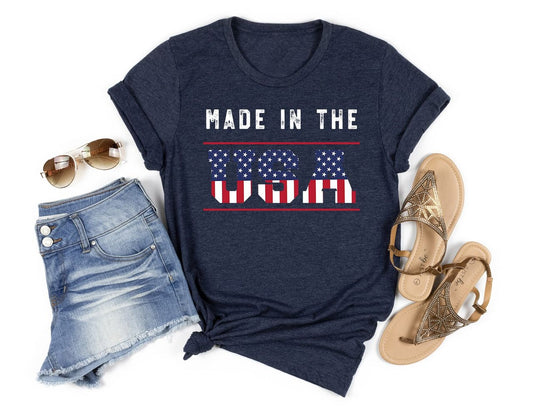 "Made in the USA" 4th of July DTF Transfer featuring distressed bold text with an American flag pattern.