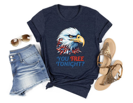 "You Free Tonight?" 4th of July DTF Transfer featuring a fierce bald eagle with USA flag-themed feathers.