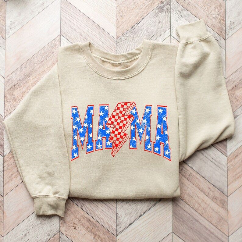 Patriotic MAMA lightning bolt 4th of July DTF transfer for custom t-shirts and sweatshirts.