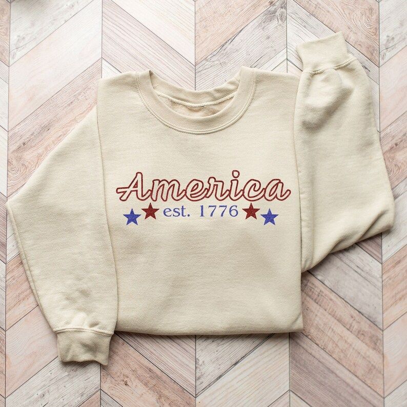 Classic America Est. 1776 4th of July Ready-to-Press DTF Transfer on a neutral sweatshirt.