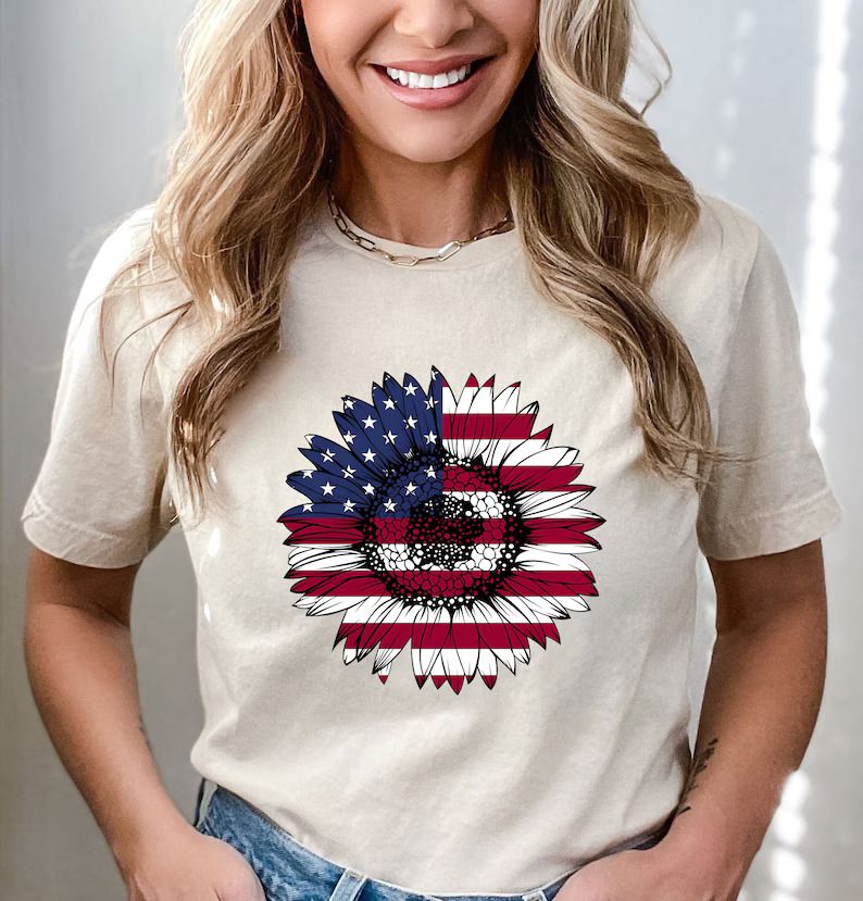 Vintage Patriotic Sunflower 4th of July Ready-to-Press DTF Transfer on a neutral t-shirt.