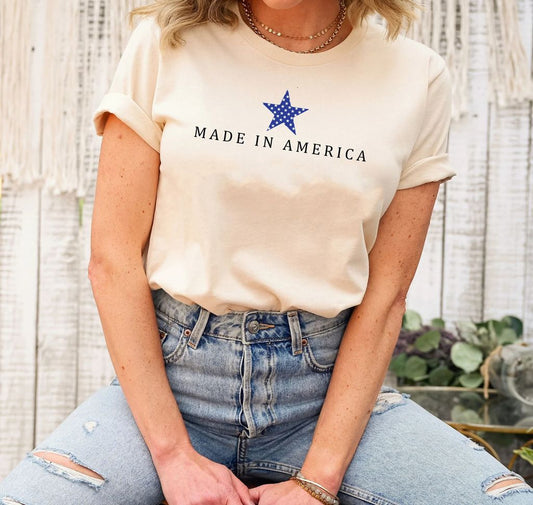 "Made in America" minimalist 4th of July Ready-to-Press DTF Transfer printed on a neutral-colored t-shirt.