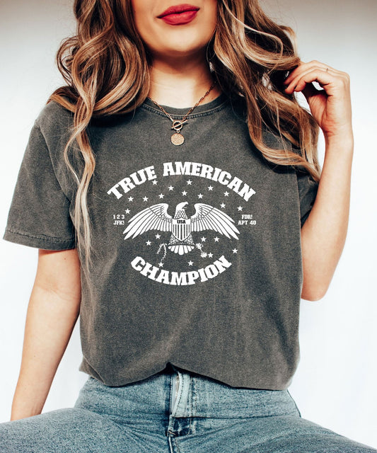 Vintage True American Champion 4th of July Ready-to-Press DTF Transfer design on a faded t-shirt.