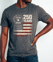 T-shirt designwith an American flag design celebrating 250 years, on a plain background.  USA 250th Anniversary 1776-2026 DTF transfer ready-to-press for custom apparel and uv dtf stickers for tumblr and bottles. American eagle with semiquicentennial text.