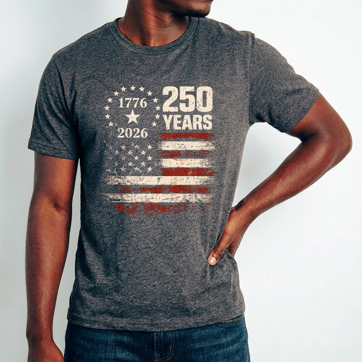 T-shirt designwith an American flag design celebrating 250 years, on a plain background.  USA 250th Anniversary 1776-2026 DTF transfer ready-to-press for custom apparel and uv dtf stickers for tumblr and bottles. American eagle with semiquicentennial text.