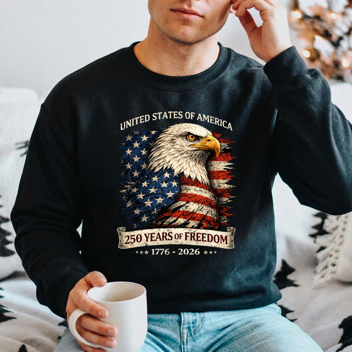 USA 250th Anniversary 1776-2026 DTF transfer ready-to-press for custom apparel and uv dtf stickers for tumblr and bottles. American eagle with American flag background and  250 years of Freedom text.
