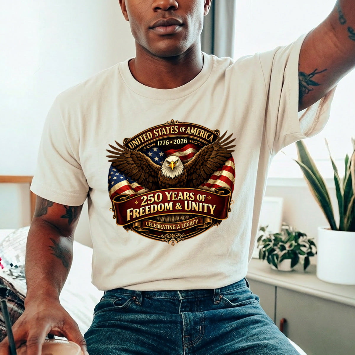 Ready to press DTF T-shirt design with a graphic design celebrating 250 years of freedom and unity. USA 250th Anniversary 1776-2026 DTF transfer ready-to-press for custom apparel and uv dtf stickers for tumblr and bottles. American eagle with semiquicentennial text.