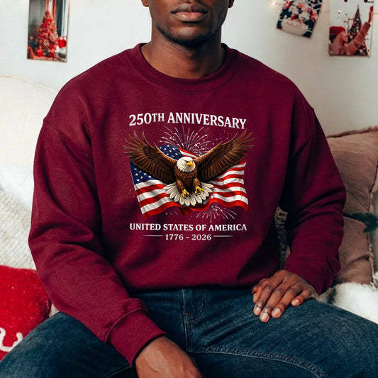 Iron on shirt design with an eagle and American flag design celebrating the 250th anniversary of the United States. USA 250th Anniversary 1776-2026 DTF transfer ready-to-press for custom apparel and uv dtf stickers for tumblr and bottles. American eagle with semiquicentennial text.