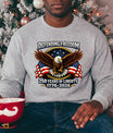 Person wearing a gray sweatshirt with an eagle and American flag design, sitting in front of a decorated Christmas tree. USA 250th Anniversary 1776-2026 DTF transfer ready-to-press for custom apparel and uv dtf stickers for tumblr and bottles.
