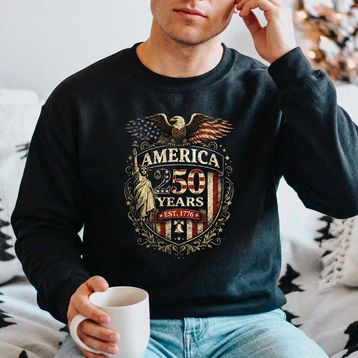 Shirt design with 'America 250 Years' design with American eagle. USA 250th Anniversary 1776-2026 DTF transfer ready-to-press for custom apparel and uv dtf stickers for tumblr and bottles. 