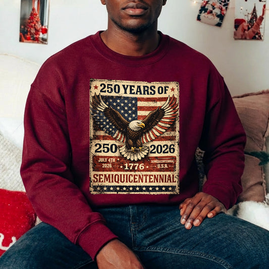 USA 250th Anniversary 1776-2026 DTF transfer ready-to-press for custom apparel and uv dtf stickers for tumblr and bottles. American eagle with semiquicentennial text.