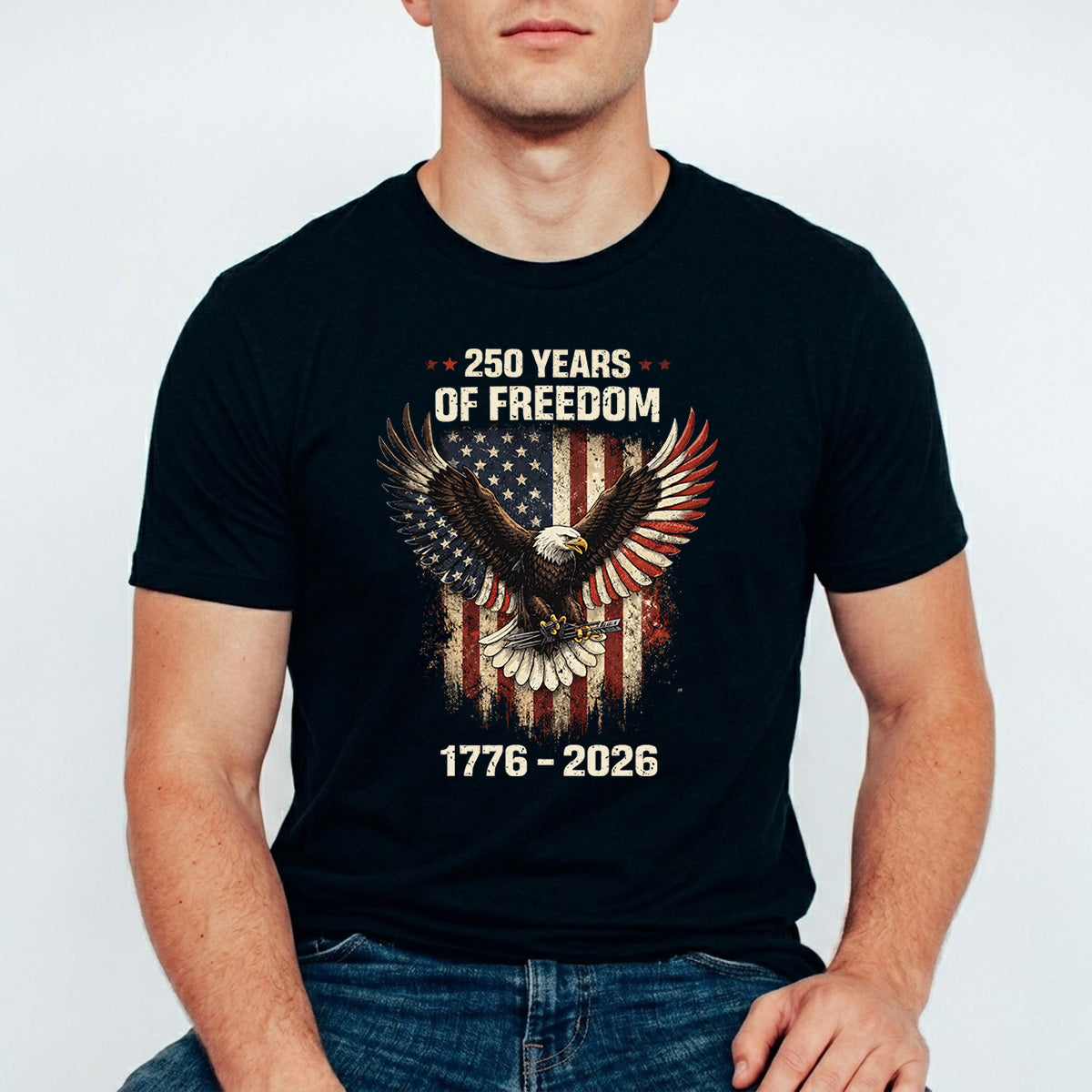 USA 250th Anniversary 1776-2026 DTF transfer ready-to-press for custom apparel and uv dtf stickers for tumblr and bottles. American eagle with american flag.