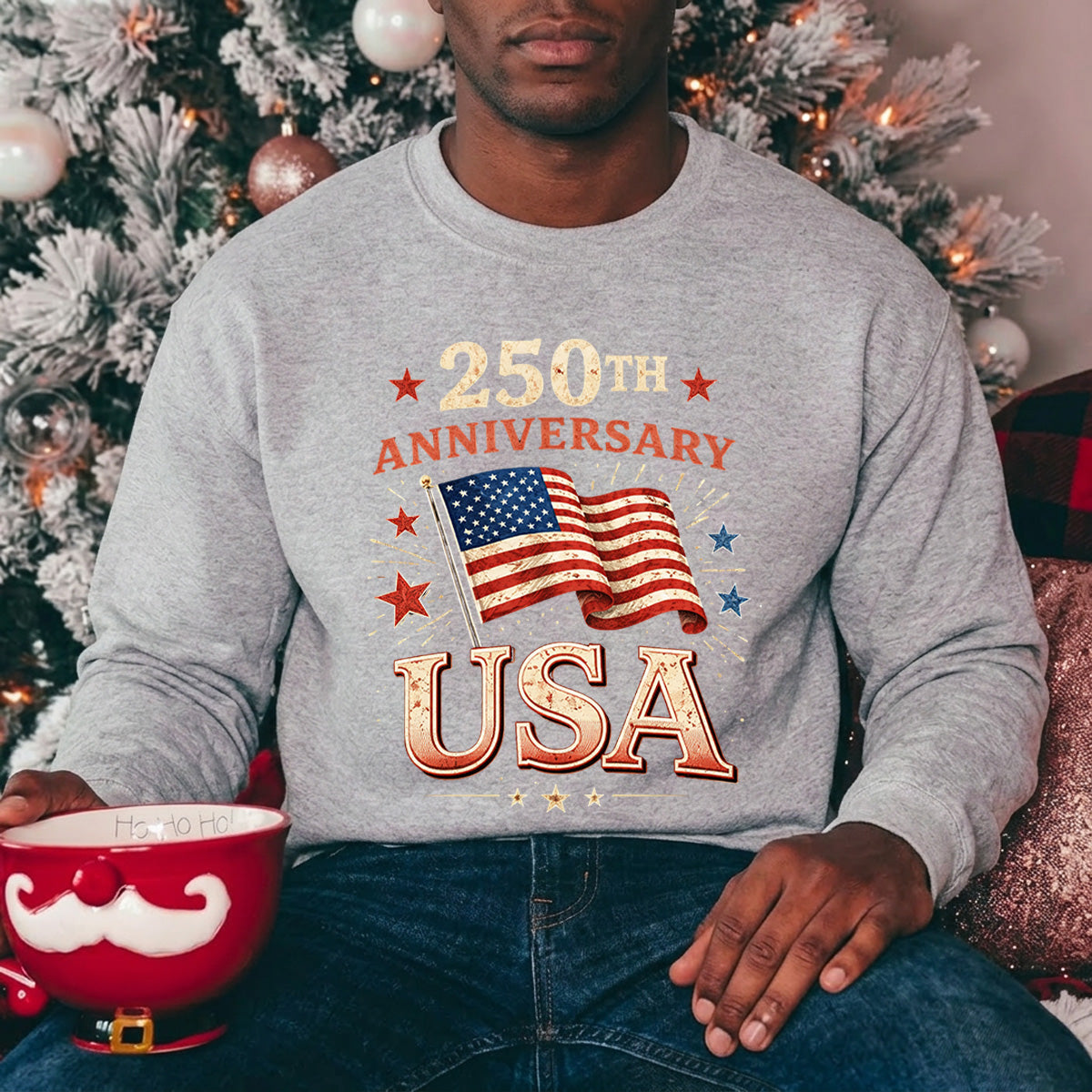 USA 250th Anniversary 1776-2026 DTF transfer ready-to-press for custom apparel and uv dtf stickers for tumblr and bottles. American flag with 250th Anniversary USA text.
