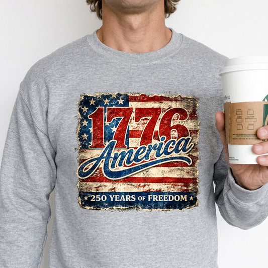 USA 250th Anniversary 1776-2026 DTF transfer ready-to-press for custom apparel and uv dtf stickers for tumblr and bottles. Amerikan flag with 1776 America text.