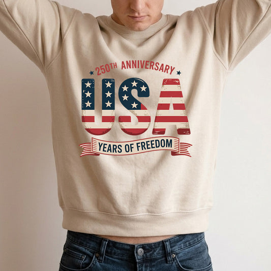Ready-to-press DTF transfer design with '250th Anniversary USA Years of Freedom' design on a plain background. USA 250th Anniversary 1776-2026 DTF transfer ready-to-press for custom apparel and uv dtf stickers for tumblr and bottles. American eagle with semiquicentennial text.