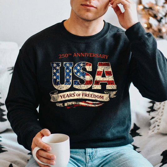 USA 250th Anniversary 1776-2026 DTF transfer ready-to-press for custom apparel and uv dtf stickers for tumblr and bottles.  Bold USA text design witj American flag.