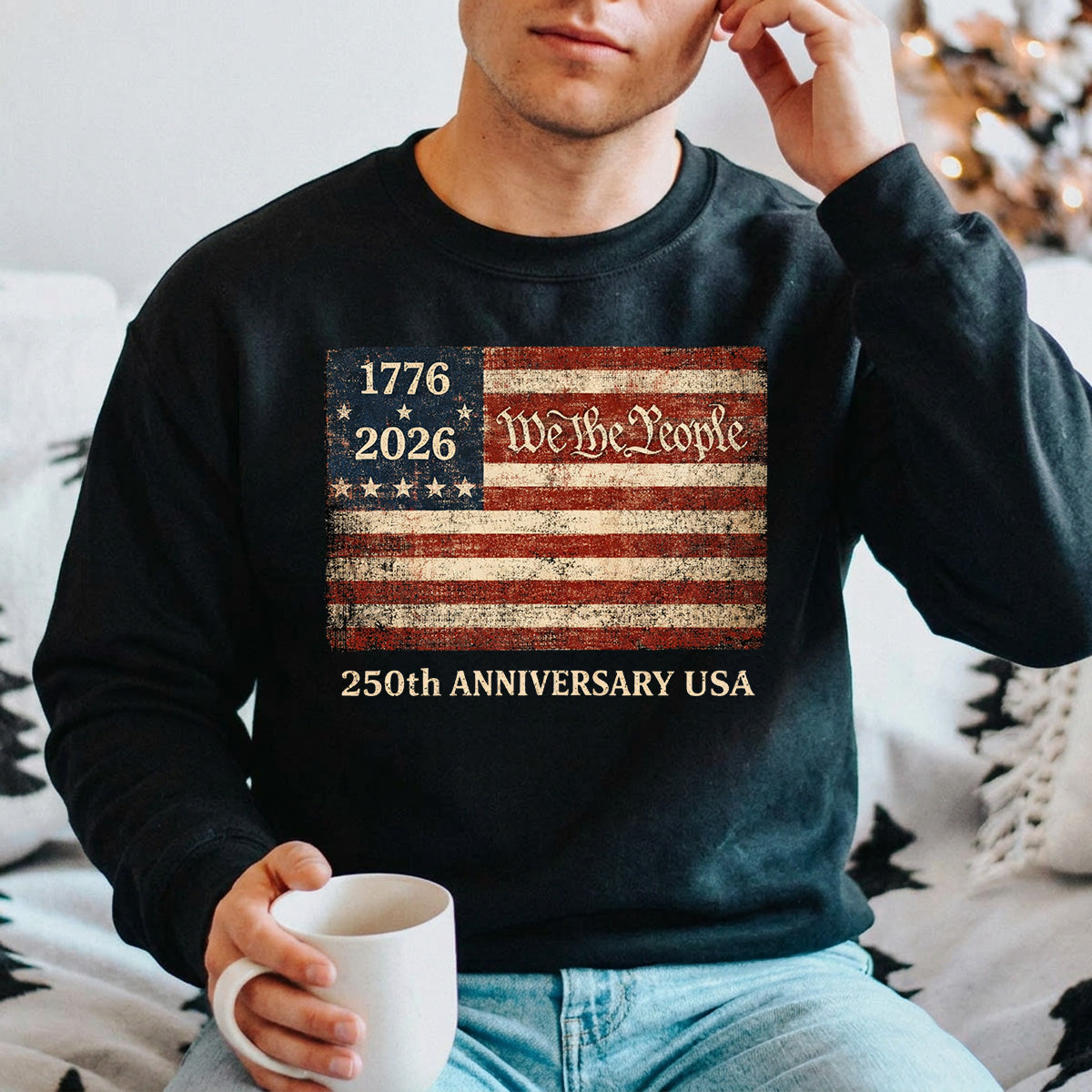 USA 250th Anniversary 1776-2026 DTF transfer ready-to-press for custom apparel and uv dtf stickers for tumblr and bottles. American flag with We The People and 1776 & 2026 250th Anniversary USA text design. 