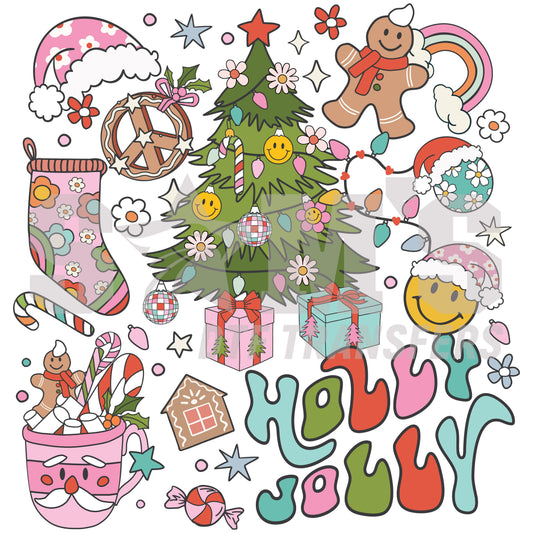 Colorful collection of Christmas elements including a smiling tree, gingerbread man, candy canes, and 'Holly Jolly' text, evoking festive cheer, a premium custom DTF design by Sam's DTF Transfers.