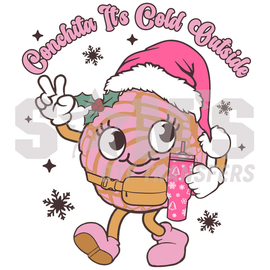 A whimsical character of Conchita with a festive drink, wearing a Santa hat, with the playful phrase 'Conchita It's Cold Outside', a premium custom DTF design by Sam's DTF Transfers.