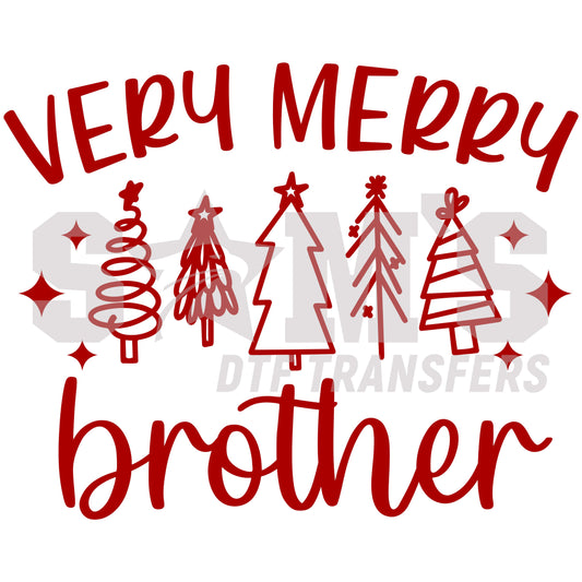 Red 'Very Merry Brother' with stylized Christmas trees, a premium custom DTF design by Sam's DTF Transfers.