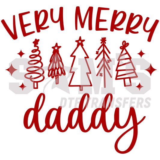 Red 'Very Merry Daddy' with Christmas trees, a premium custom DTF design by Sam's DTF Transfers.