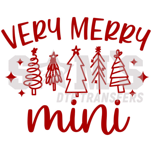 Red 'Very Merry Mini' with Christmas tree graphics, a premium custom DTF design by Sam's DTF Transfers.