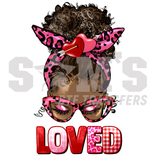 Illustration of a girl with curly hair, leopard print bow, heart-shaped glasses, and the word 'LOVED' for Valentine's Day DTF transfer.