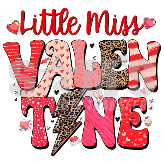 Colorful 'Little Miss Valentine' text in mixed patterns with hearts and a cupcake, perfect for Valentine's Day DTF design.