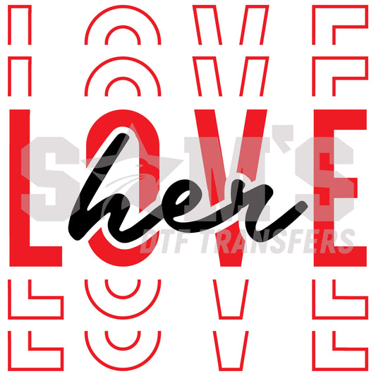 Graphic design of the word 'LOVE' in a modern abstract typography, in red on a black background.
