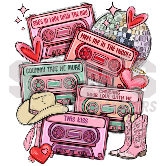 Valentine's Day themed cassettes with country song titles, a disco ball, cowboy hat, and boots surrounded by hearts.