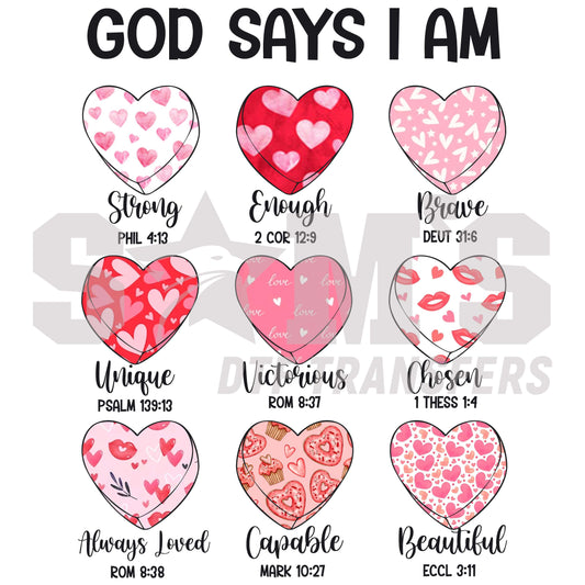 A set of heart-shaped 'GOD SAYS I AM" DTF designs with positive affirmations like 'Strong', 'Unique', and 'Victorious', coupled with corresponding Bible verses on a black background, themed for Valentine's Day.