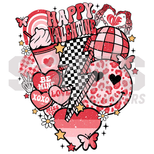Festive Valentine's Day collage with hearts, checkered patterns, and love phrases, perfect for DTF prints.